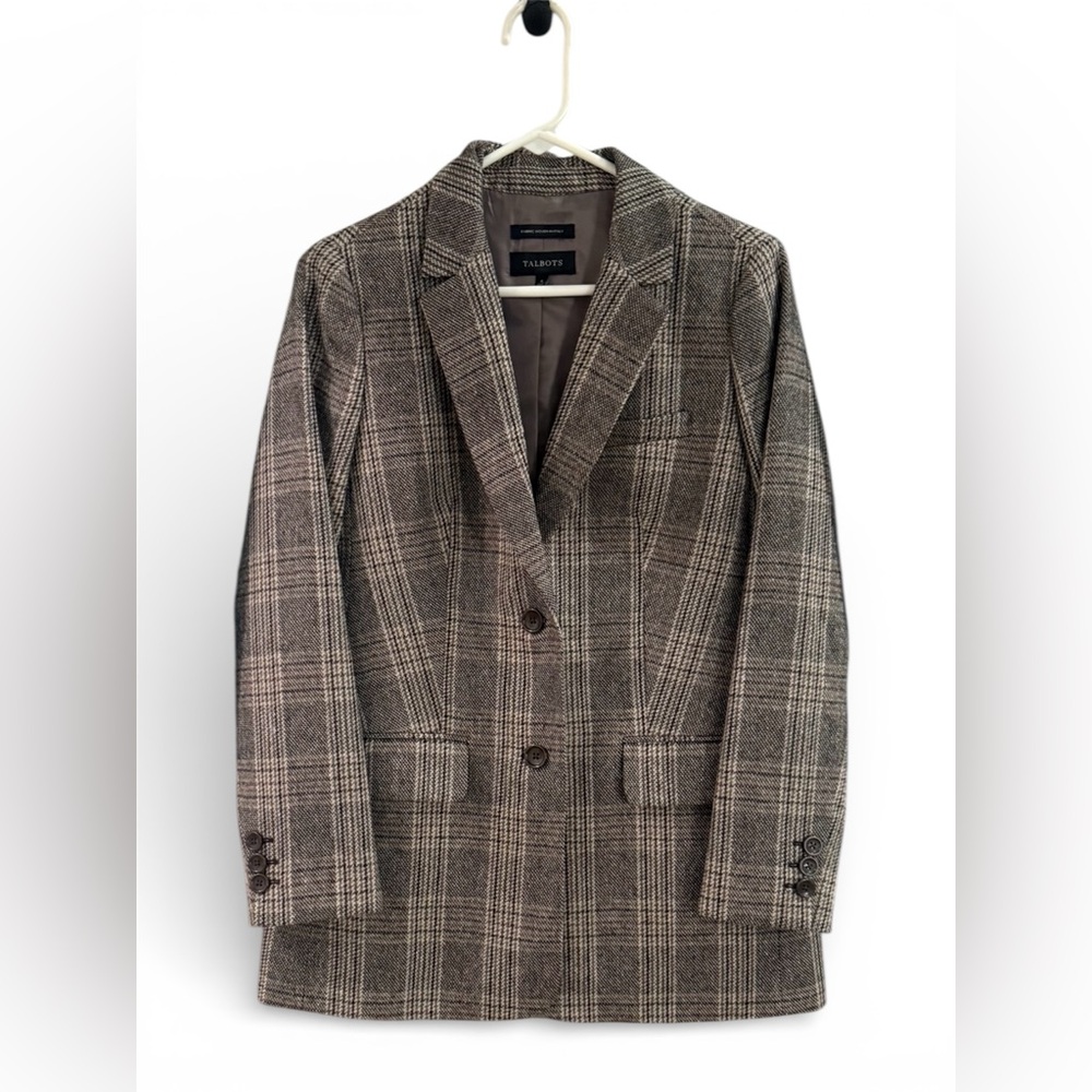 Talbots women’s LONG WOOL BLEND BLAZER - GLEN PLAID - Picture 2 of 6